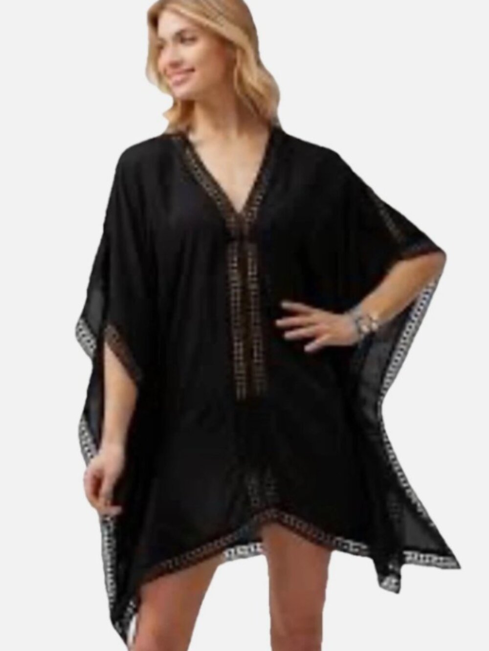 Tommy Bahama Swim Cover Up Women's Small Black Kaftan Sunlace Trim Crochet Tunic
